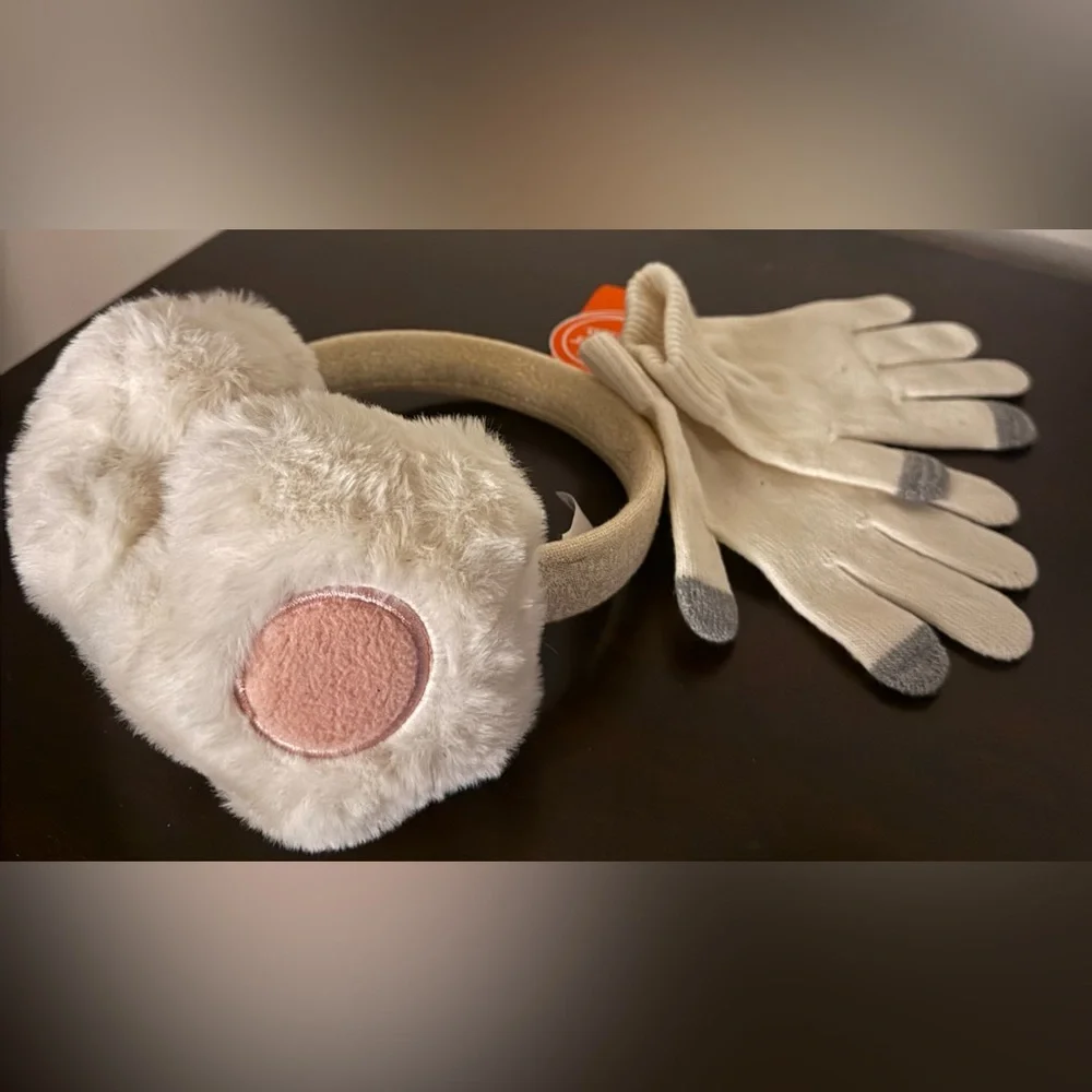 Wonder Nation Girls Winter Earmuffs & Touchscreen Gloves Set | Cream | Big Girls